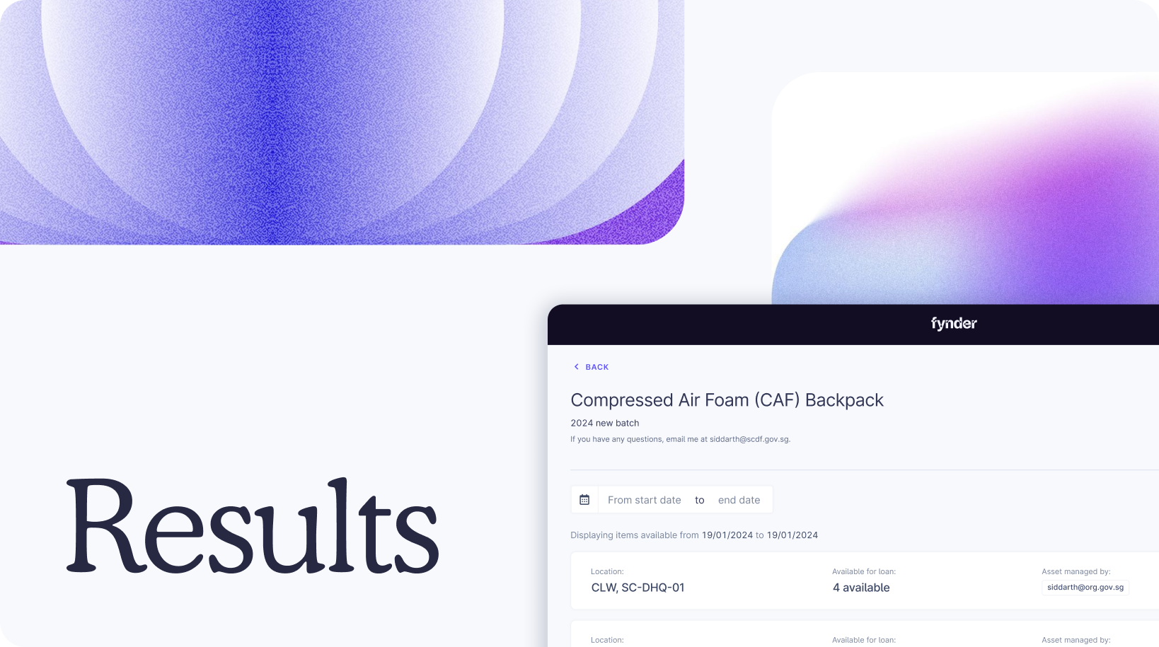 Results — Fynder loan listing screen next to a purple gradient backdrop
