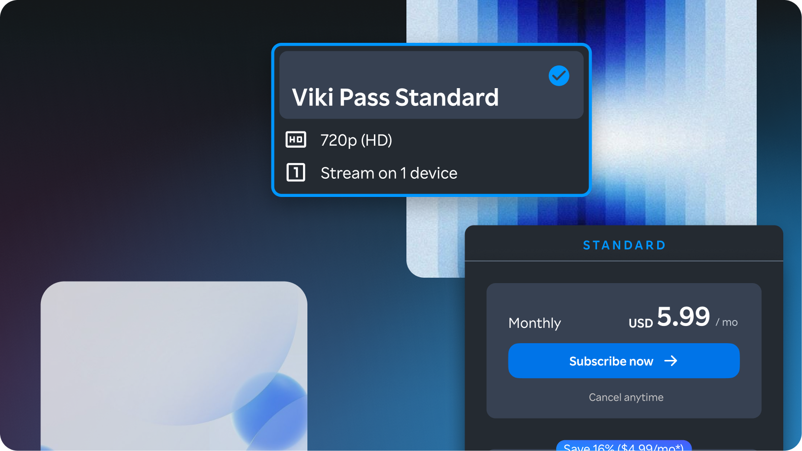 Viki Pass Standard plan card, floating over a blue gradient backdrop